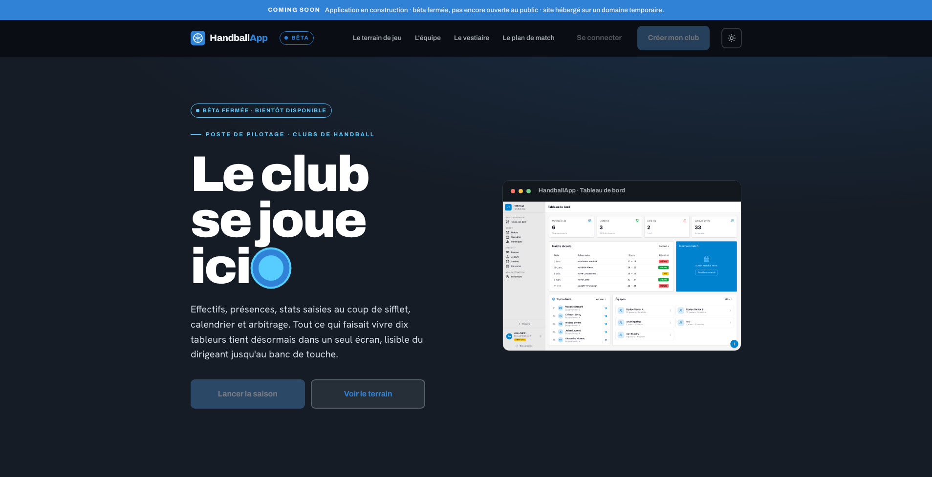 Landing page de HandballApp, application de gestion pour clubs de handball